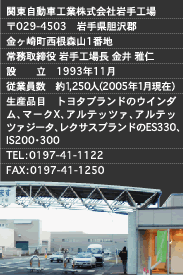関東自動車工業株式会社岩手工場
郵便番号029-4503 岩手県胆沢郡
金ヶ崎町西根森山1番地
常務取締役 岩手工場長 金井 雅仁
設 立 1993年11月
従業員数 約1,250人(2005年1月現在)
生産品目 トヨタブランドのウインダム、マークX、アルテッツァ、アルテッツァジータ、レクサスブランドのES330、IS200・300
電話番号:0197-41-1122
ファックス番号:0197-41-1250